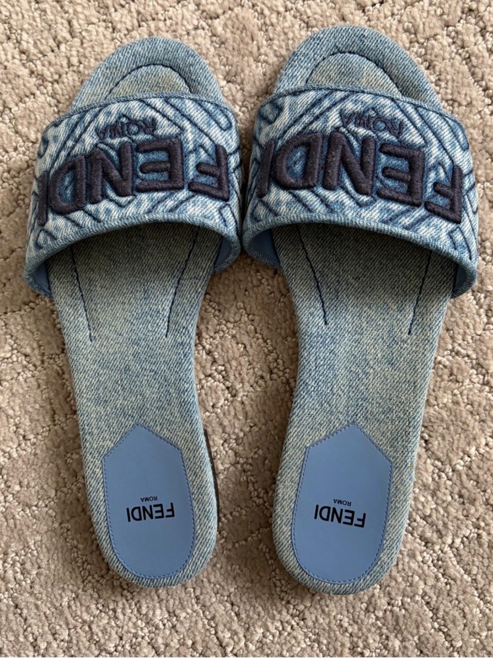 Fendi Signature Flat Slides in blue denim